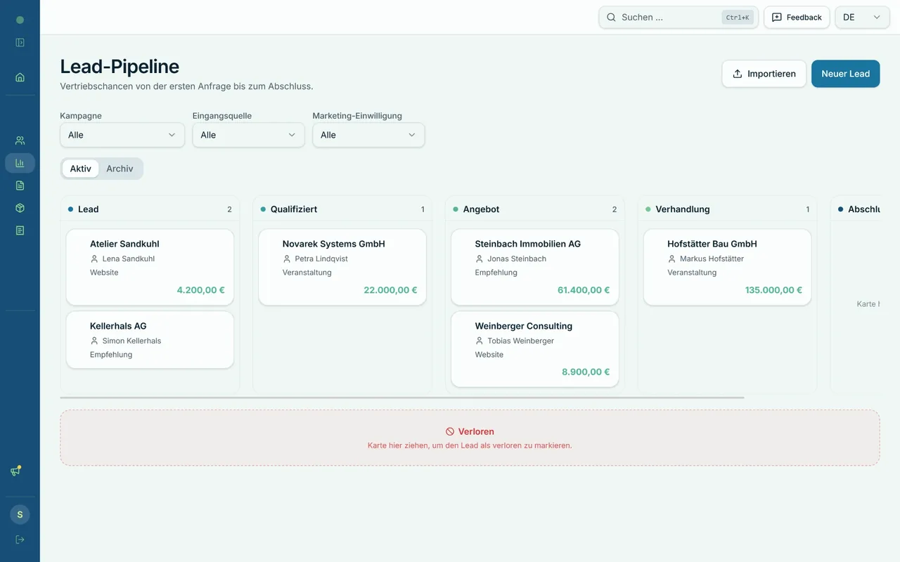 Lead pipeline in Pulse as a Kanban board with the columns Lead, Qualified, Quote, Negotiation and Closed, including deal values.