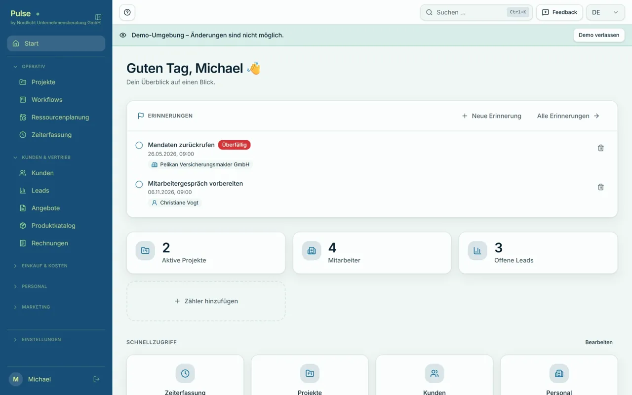 Dashboard in Pulse with reminders, counter tiles for active projects, employees and open leads, plus quick links.